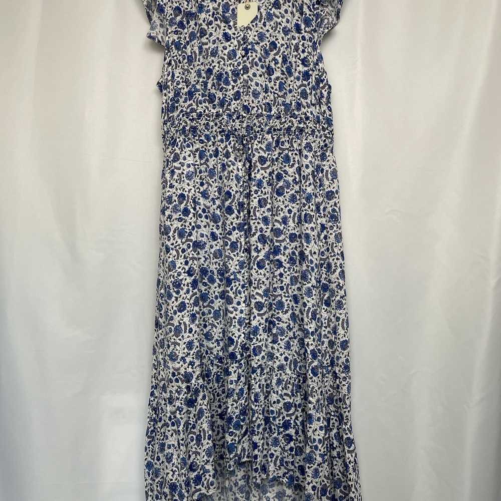 NWT Lucky Brand Boho Prairie Garden Blue Floral Midi Dress Summer Casual XL